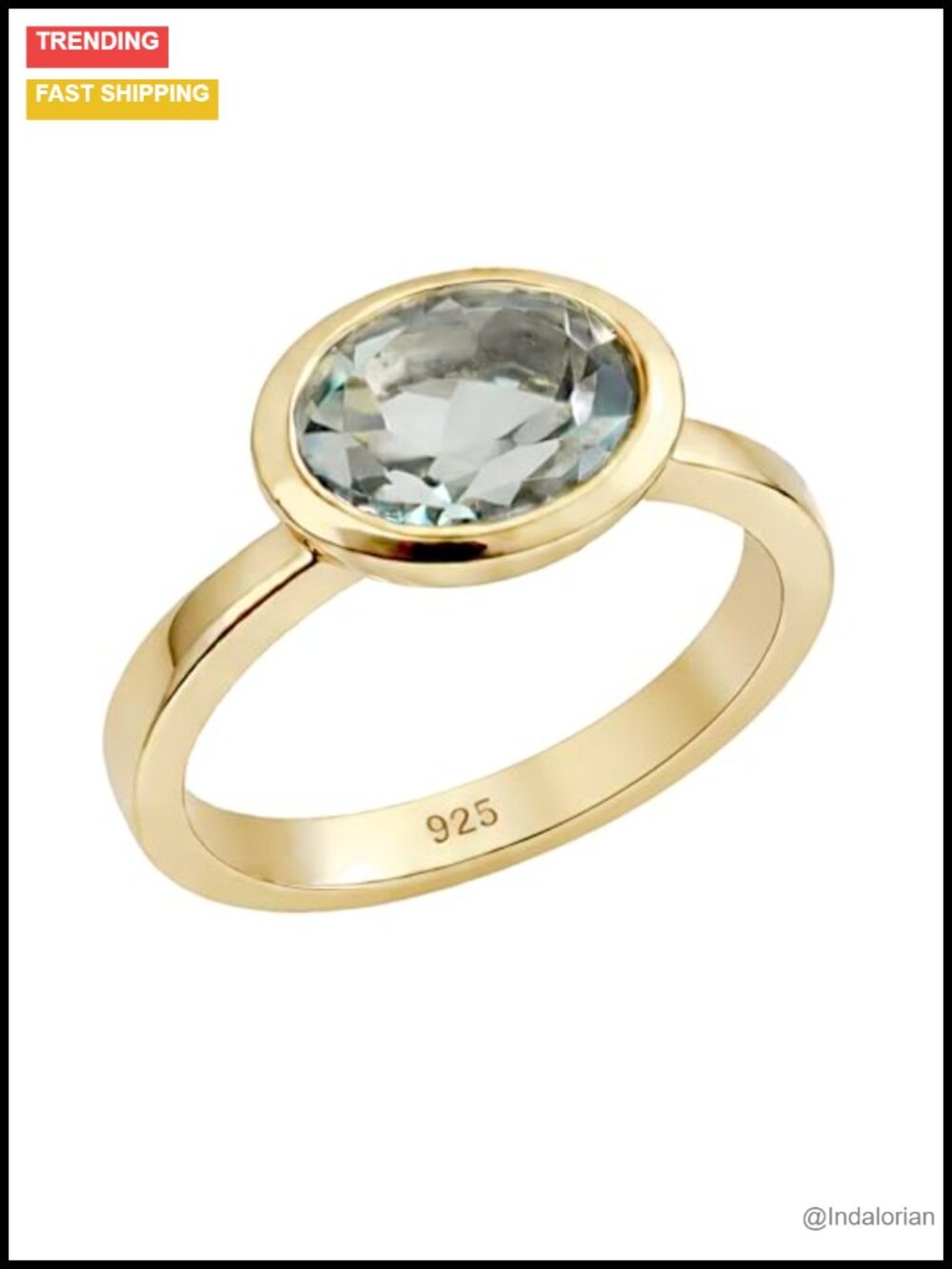 Natural Green Amethyst Ring 925 Sterling Silver 3-Micron Gold Plated Oval Bezel